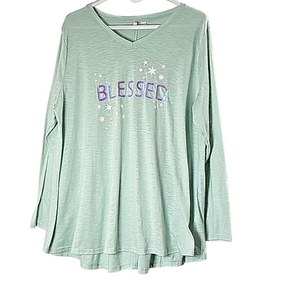 Womens Sz 18/20 Mint Green Pearls Stars Sequins Blessed Decorative V-Neck Top - Picture 1 of 12